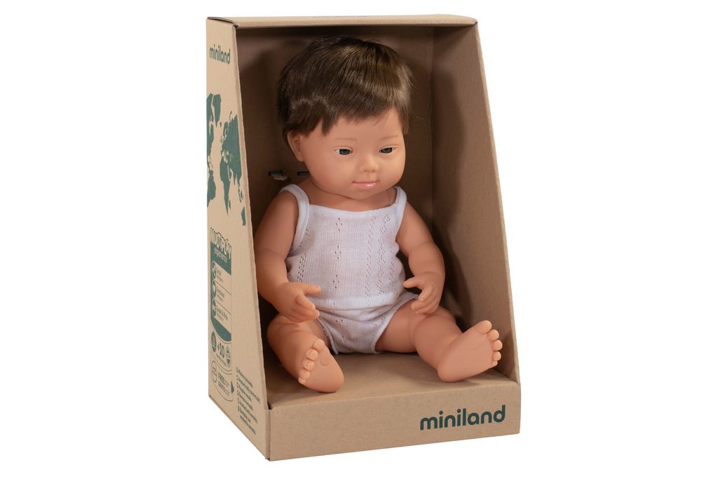 Bambola Sindrome di Down caucasica maschio 38 cm con intimo
