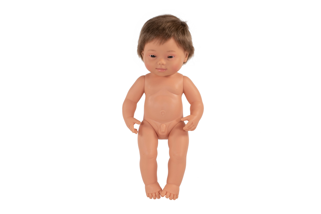 Bambola Sindrome di Down caucasica maschio 38 cm senza intimo