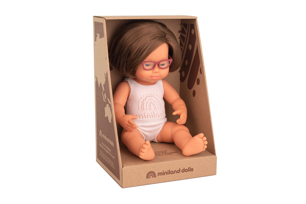 Bambola Baby Doll Sindrome di Down 38 cm con occhiali